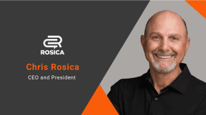 Chris Rosica's headshot with an abstract grey and orange background.