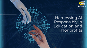 Human hand and robot hand reaching to touch each other over an AI background