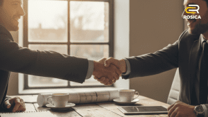 Two men shaking hands over a table with a window in the background