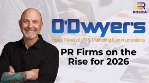 Smiling balding man with arms crossed on the left; bold headline 'PR Firms on the Rise for 2026' over a blurred newsroom background with ODwyer's logo in the top right.