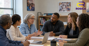 Diverse group of people having a discussion