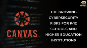 Canvas branding with red circular icon and 'CANVAS' text on the left; title reads 'The growing cybersecurity risks for K-12 schools and higher education institutions'; Rosica logo top-right.