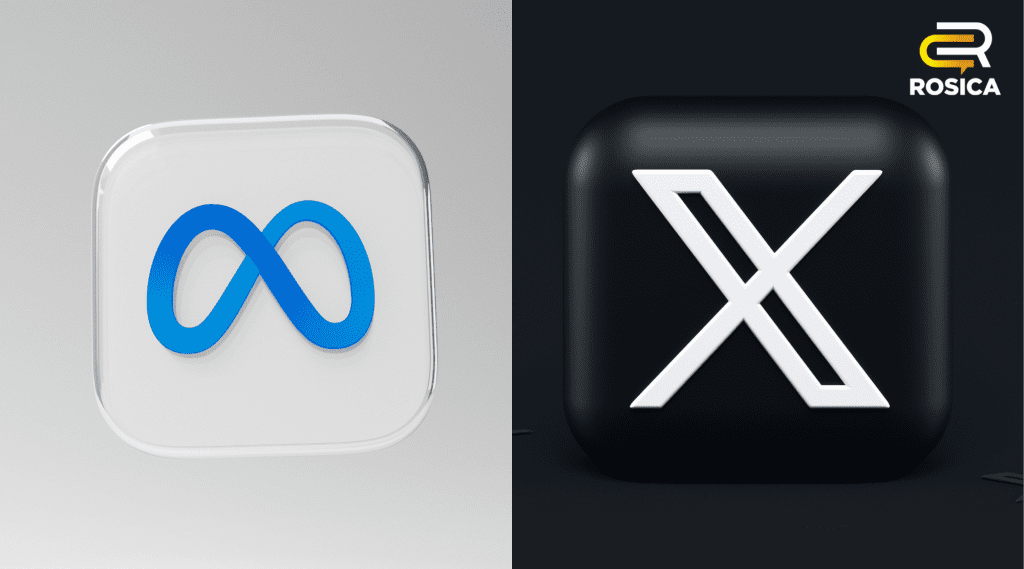 Split screen of Meta and X logos