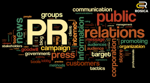 Collage of public relations words and phrases.