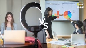 Split screen with an image of a girl behind a computer screen and ring light on the left. The right image are two business people pointing to a screen with pie charts and other graphs.