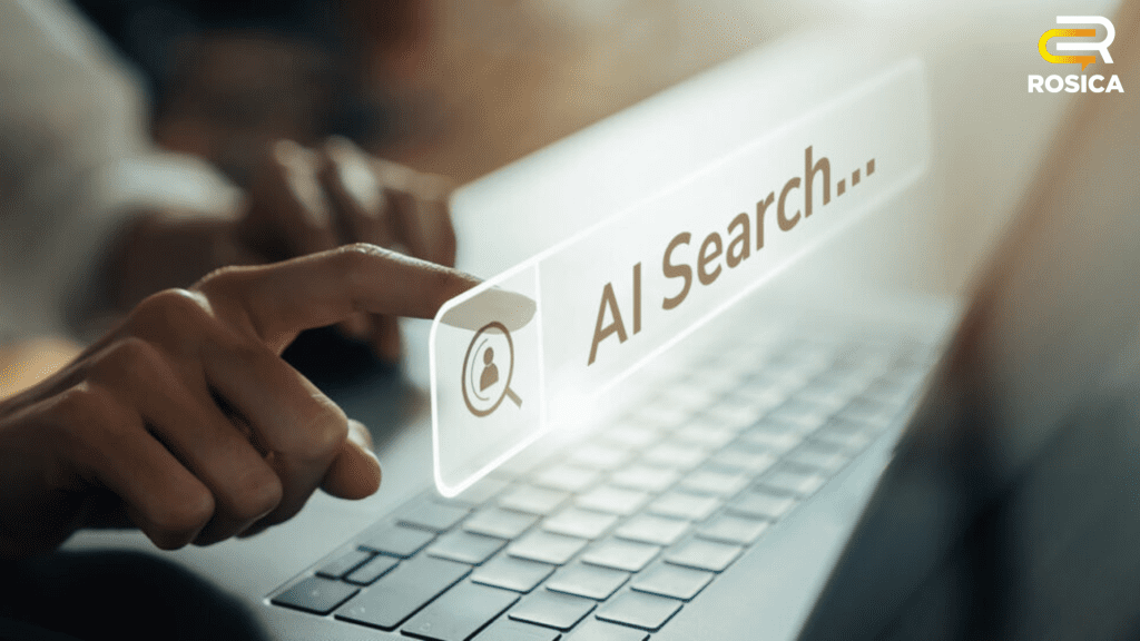 Computer with a popup "AI Search" and a hand clicking on that popup