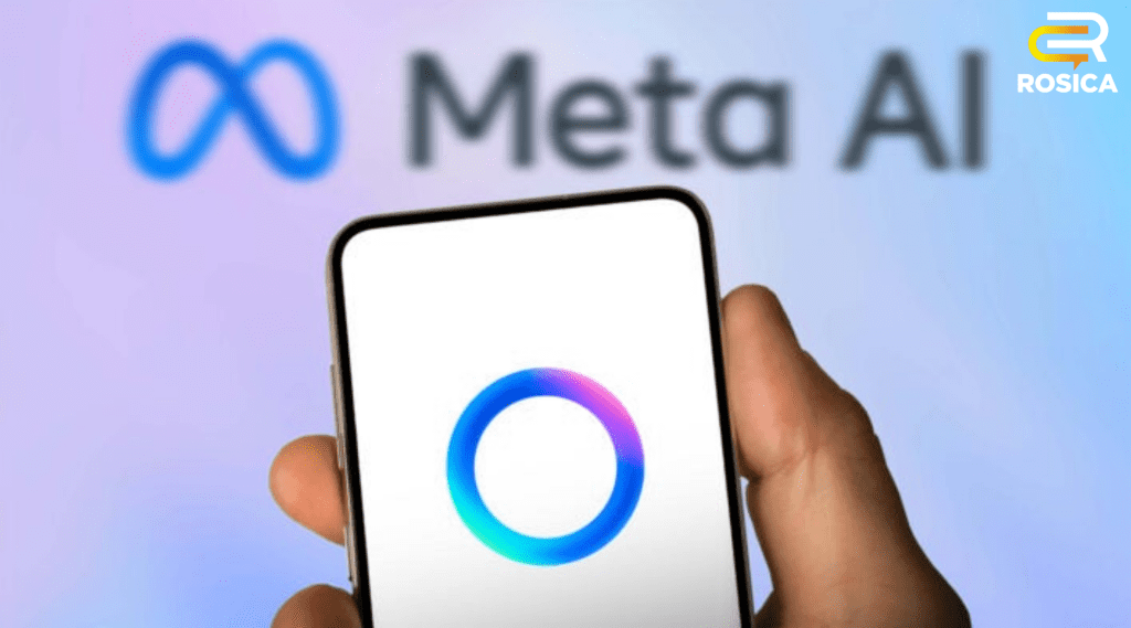 iPhone being held with the meta Ai logo on it. Meta AI and meta logo above
