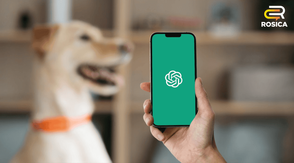 Dog with hand holding phone with chatgpt logo on it
