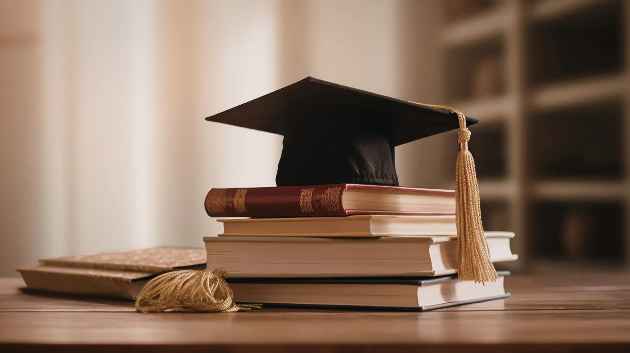 Graduation cap resting on a stack of hardcover books on a wooden table with a tassel hanging down